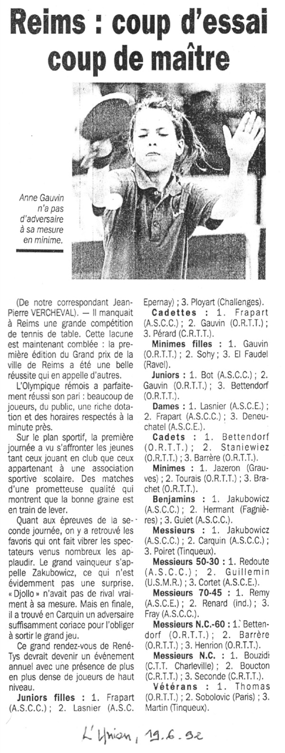 Coup d'essai coup de maitre 19-06-92